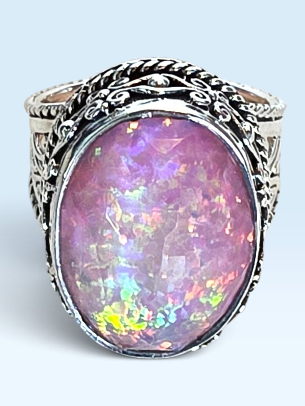 Bold Vintage Sajen 925 Sterling Silver Pink Opal Statement Ring